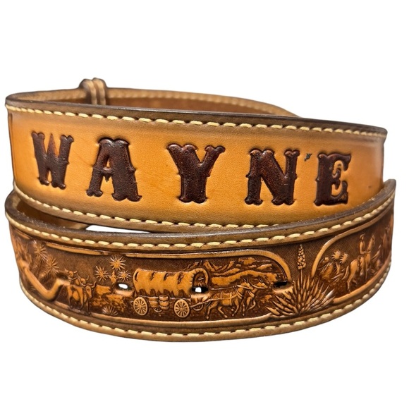 Vintage Leather Custom Stamped Personalized Wayne Longhorn Cattle Western Belt - Picture 1 of 12